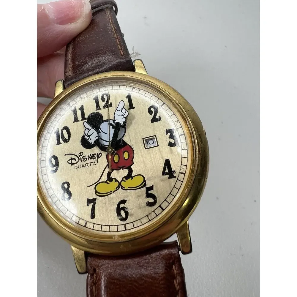 Disney Time Works Mickey Mouse Gold Toned Analog Watch Brown Leather